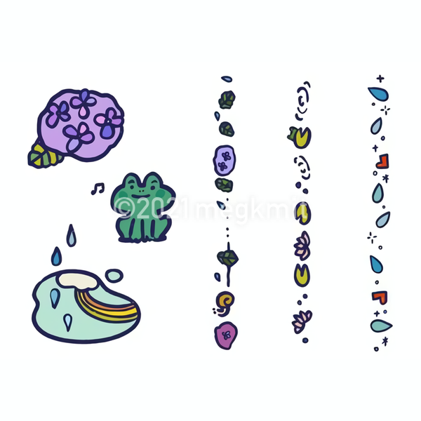 季節のイラストと装飾ラインセット：梅雨