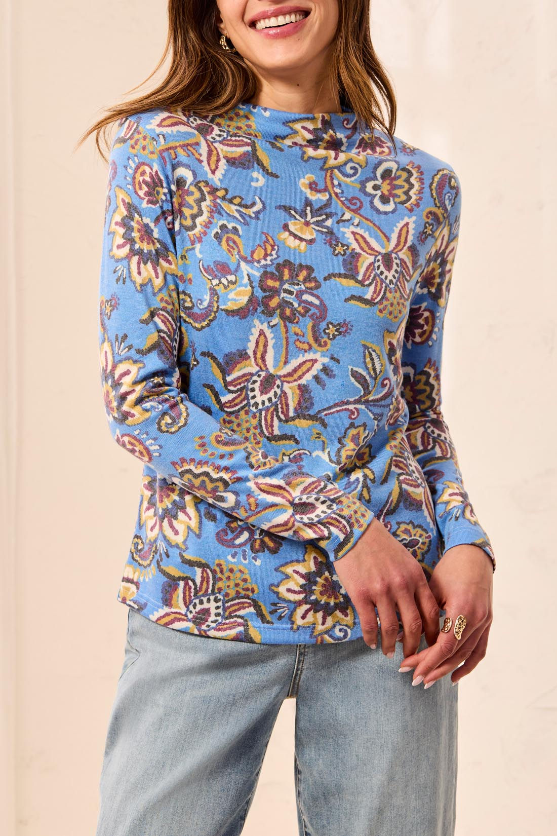 TRIBAL Soft Knit Blueaura Funnel Neck Top