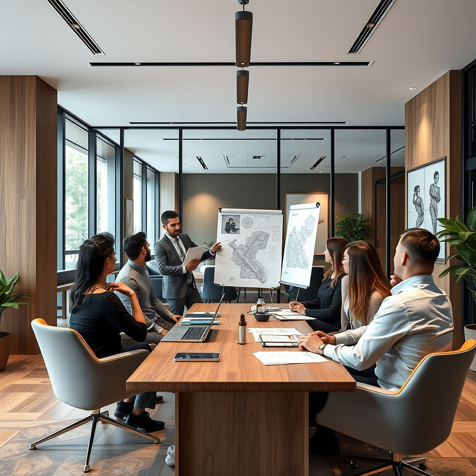 Reunión profesional de consultoría arquitectónica en una oficina moderna y elegante, arqui