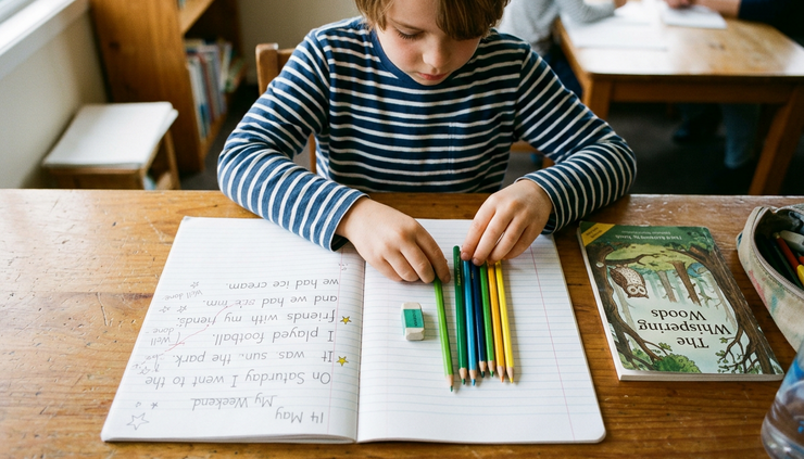 Overhead view of a child’s hands sorting pencils beside an open English workbook.