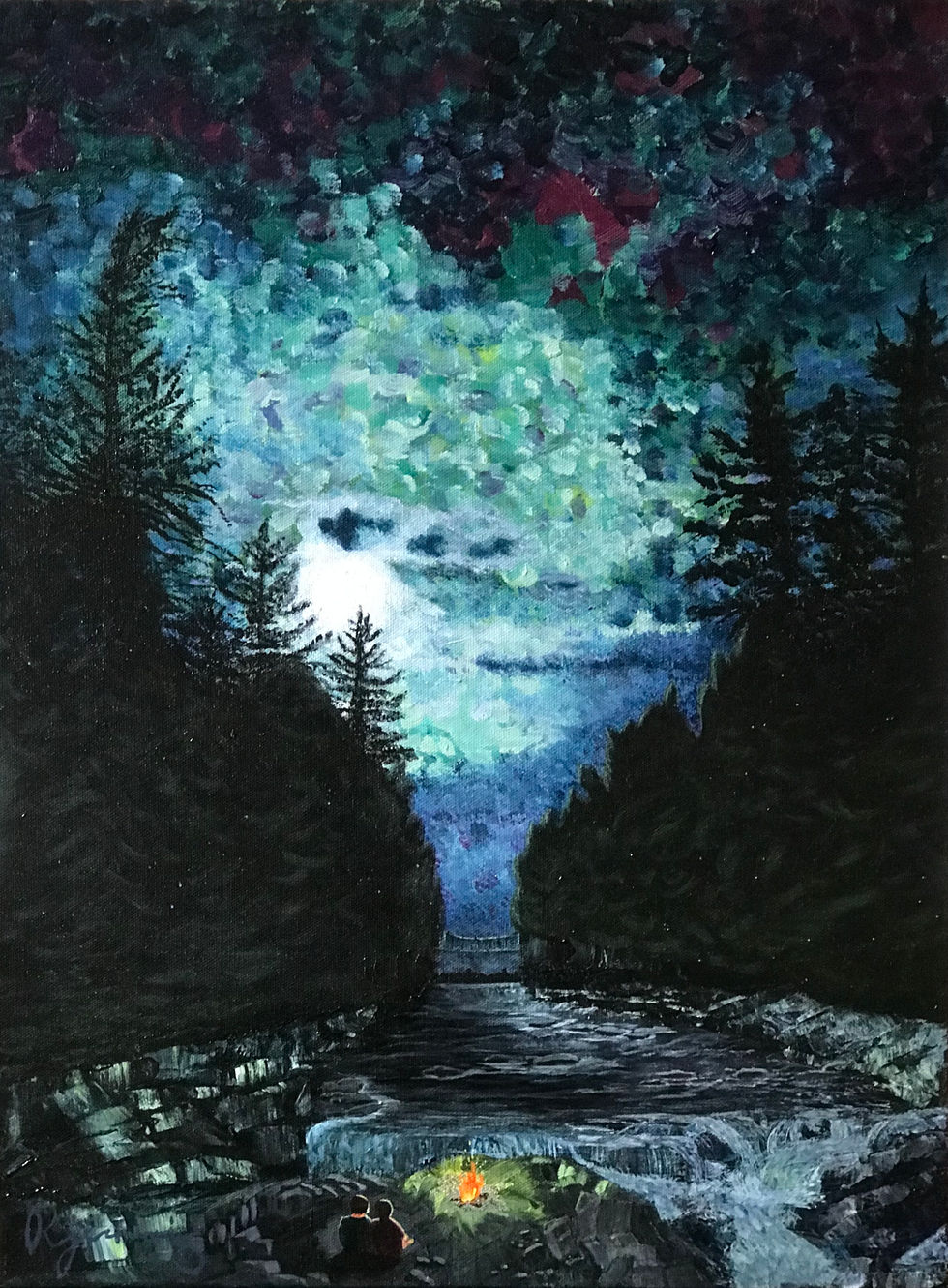 Painting of moonlight forest and waterfall