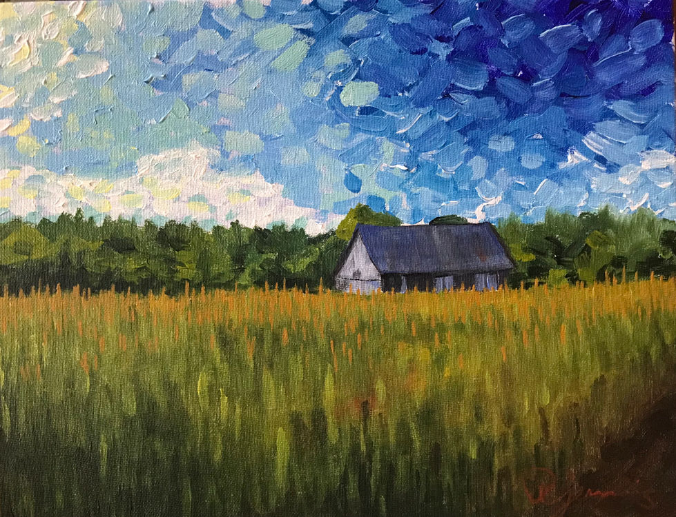 Painting of barn in cornfield with beautiful sky