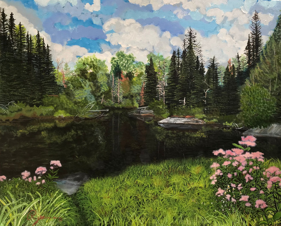 Landscape Painting of lazy river with forest and flowers