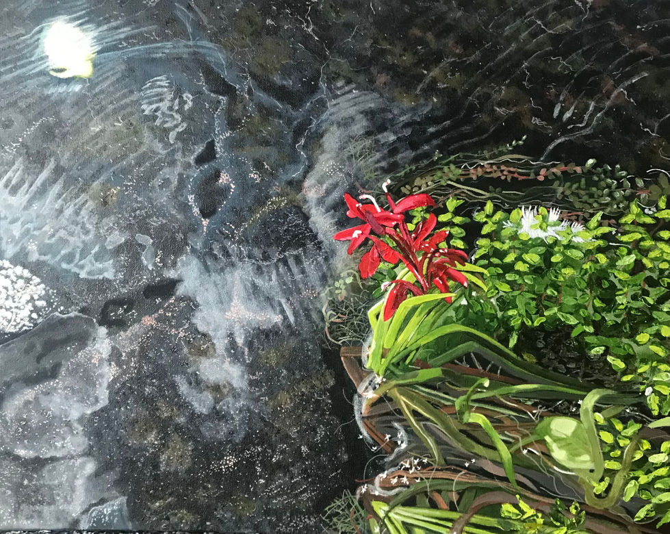 Painting of a red flower by the water edge