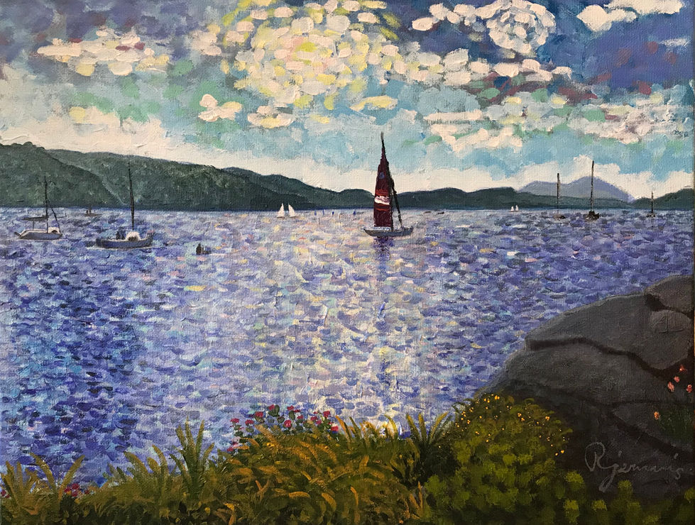 Painting of lake with sailboat