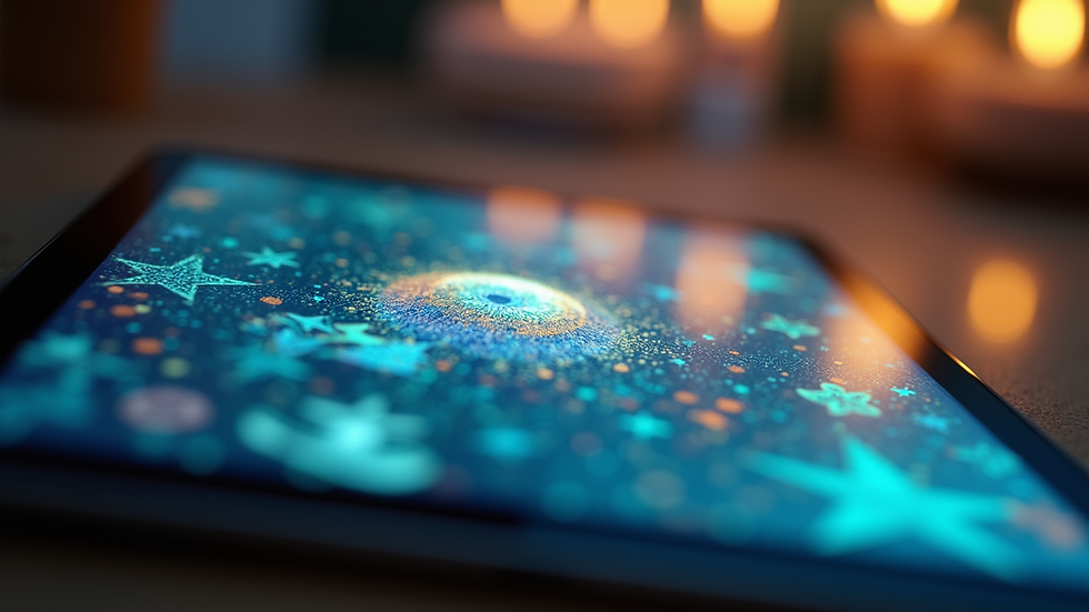 Close-up view of a digital artwork displayed on a tablet during a virtual art exhibition