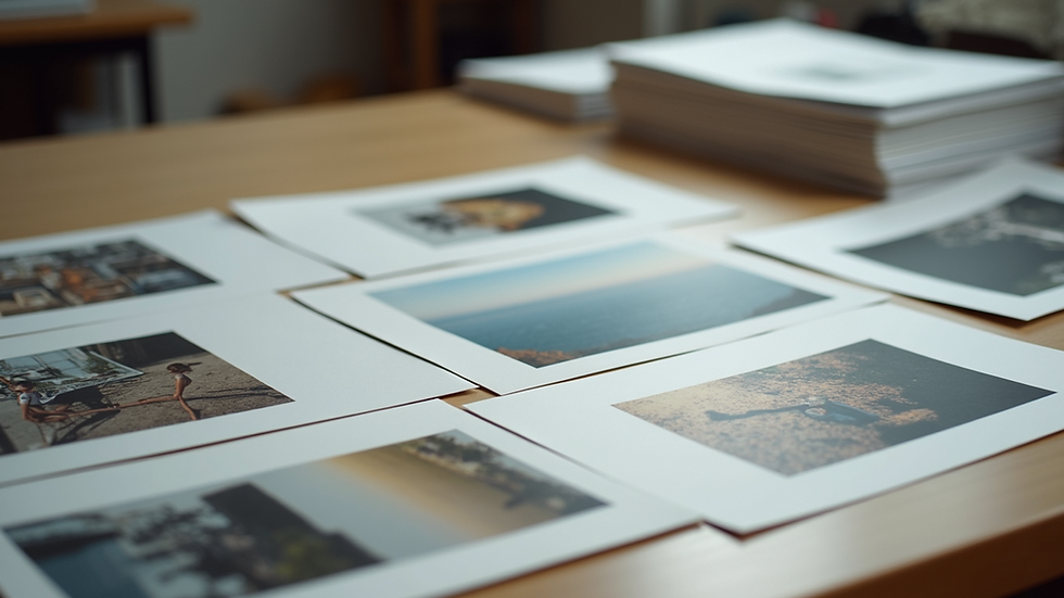 High angle view of various photo paper samples laid out on a table