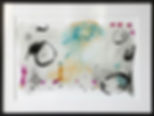Abstract art with black, blue, and orange scribbles on a white background. Pink dots and swirl patterns add vibrancy. Framed in black.