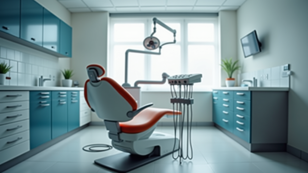 Eye-level view of dental chair and equipment in a modern clinic