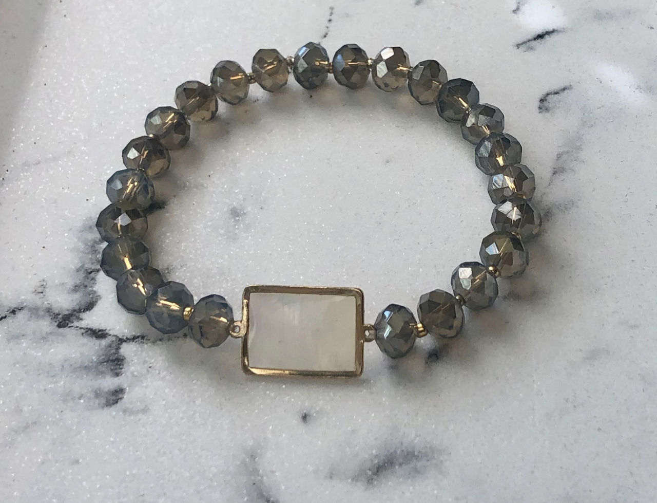 Gray Crystal Beaded Stretch Bracelet with Mother of Pearl Accent