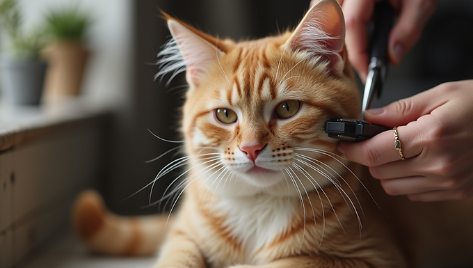 Orange cat relaxing while being groomed