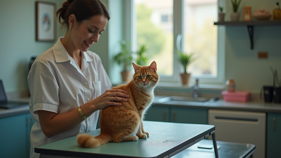Eye-level view of cat grooming salon interior