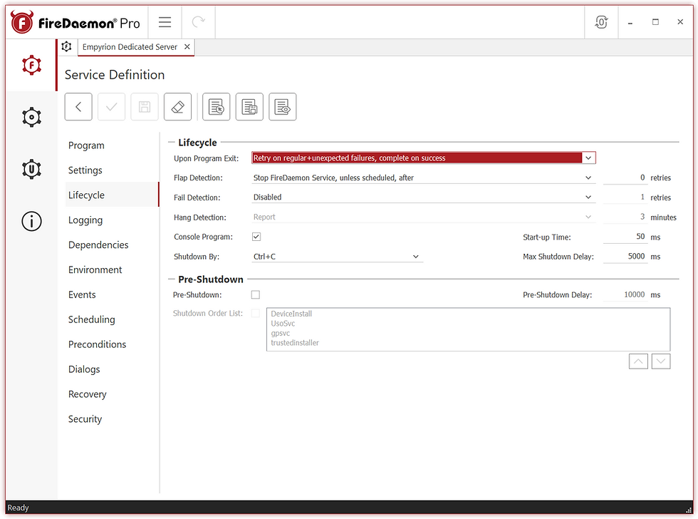 04 FireDaemon Pro Edit Service Lifecycle Tab