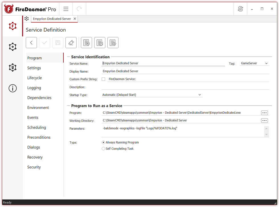 02 FireDaemon Pro Edit Service Program Tab