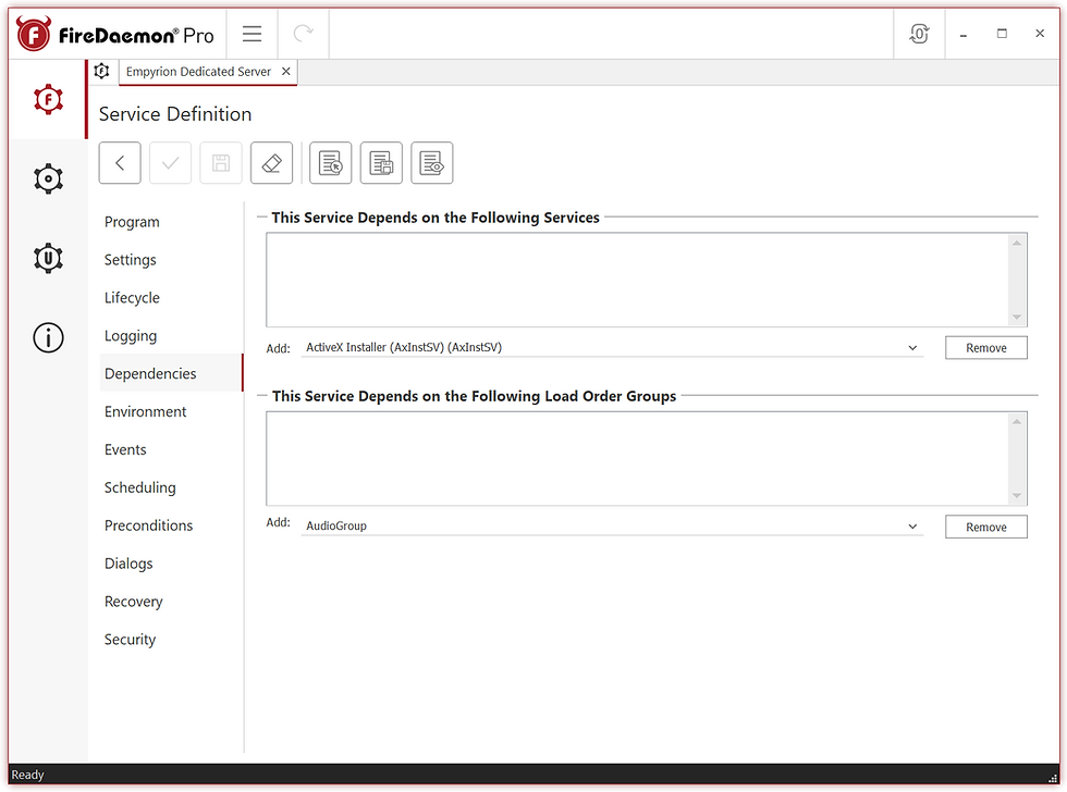 06 FireDaemon Pro Edit Service Dependencies Tab