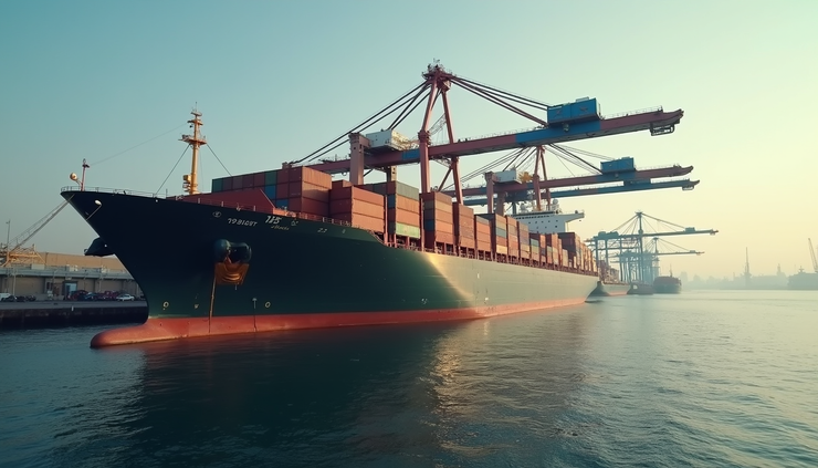 Eye-level view of a large cargo ship docked at a busy Middle Eastern port with cranes unloading containers
