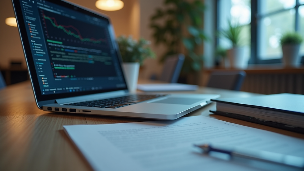 Eye-level view of a modern office desk with a laptop and cybersecurity books