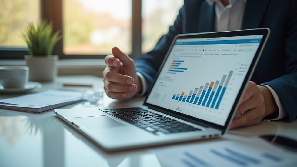 Close-up view of a consultant presenting payment data charts on a laptop
