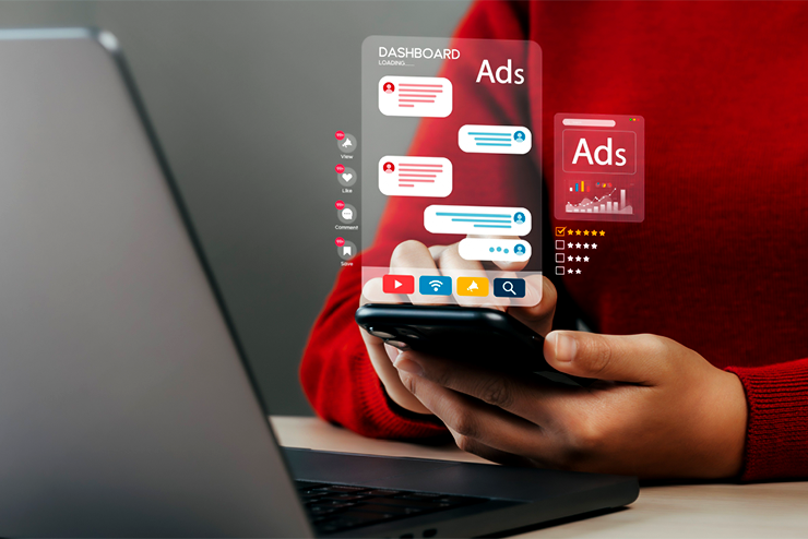 Person in red uses smartphone with floating app icons and text reading "Dashboard" and "Ads." Laptop nearby. Tech-focused setting.