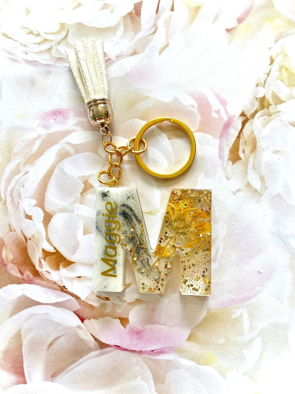 Thumbnail: Handmade Personalized Glitter Flower Letter Keychain, Gift for her