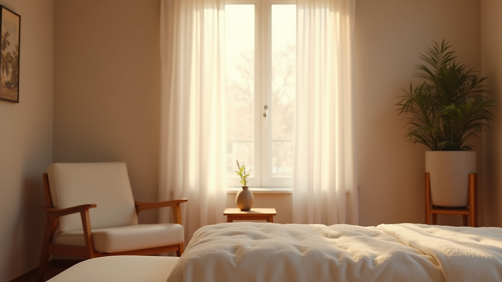 Eye-level view of a cozy therapy room with soft lighting