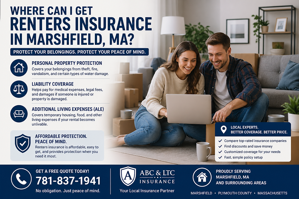 Renters insurance in Marshfield MA covering personal property, liability, and additional living expenses with affordable protection from ABC & LTC Insurance