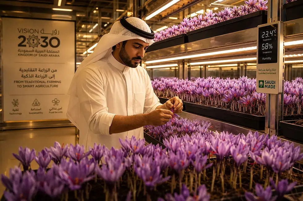 Indoor saffron farming chamber setup in Saudi Arabia