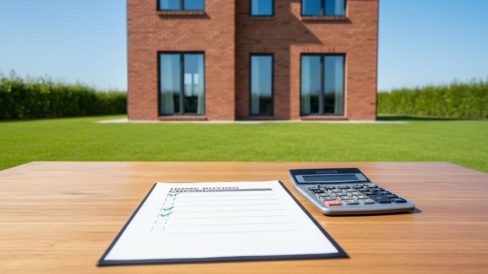 Eye-level view of a neat desk with a home buying checklist and calculator