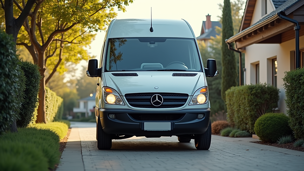 Eye-level view of a mobile car detailing van parked in a residential driveway