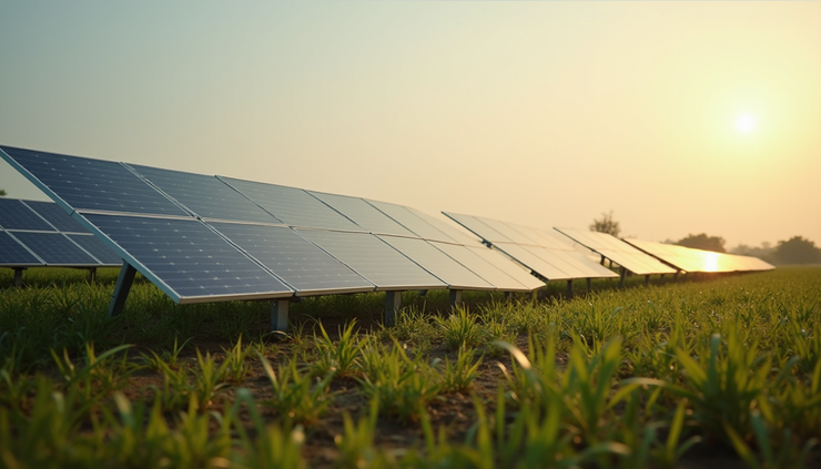 Eye-level view of solar panels installed on agricultural land in rural India