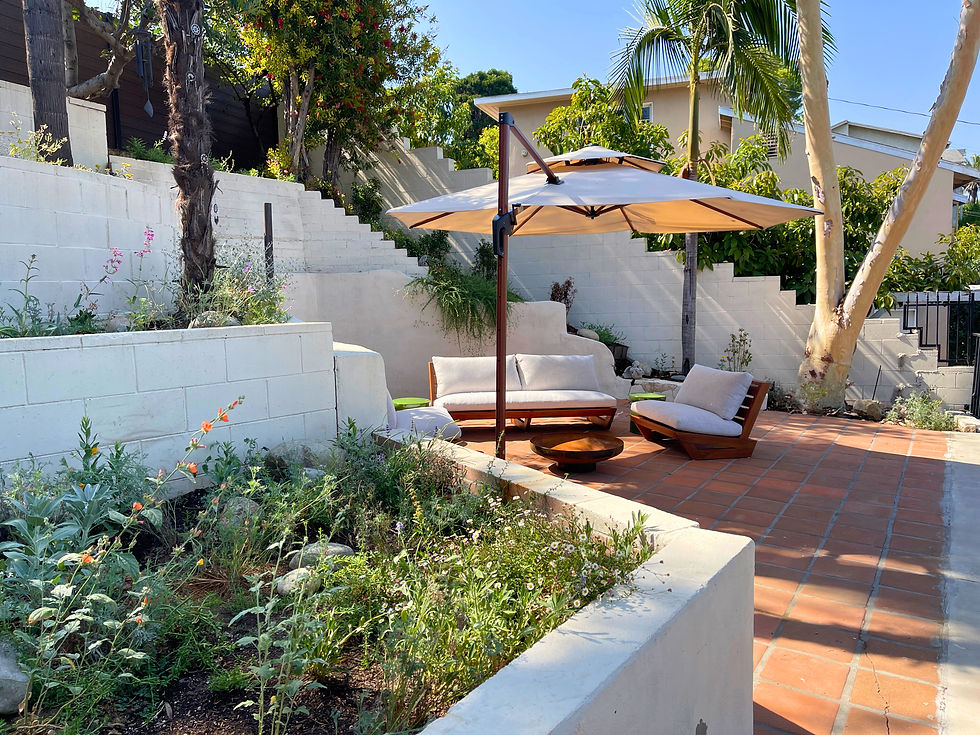 Teak patio furniture surrounded by native California plants in terraced retaining walls