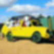 a yellow minicooper driven by animals.