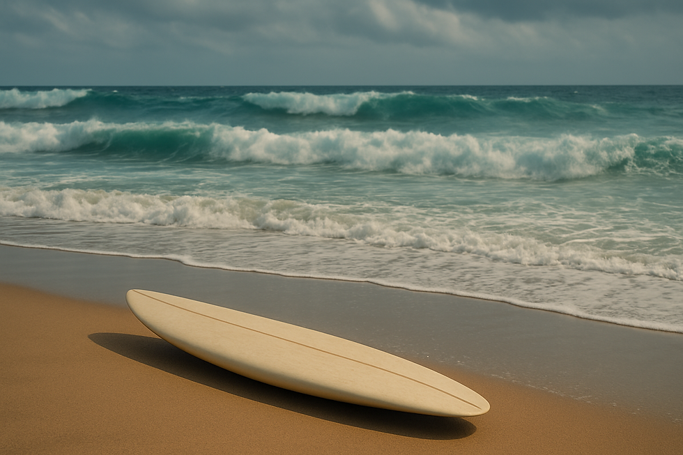 Photo of a surfboard lying on wet sand near turbulent waves, symbolizing miscommunication, physical struggle, and the ocean’s relentless lessons in the poem “Surfboard Linguistics.”