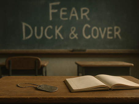 1950s classroom with dog tags and “Duck & Cover” written on the chalkboard, created for the memoir "Witness to History: Duck & Cover, Fear and the Red Scare".