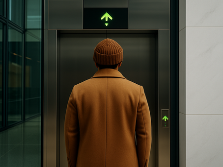 Man standing before an elevator with an upward arrow, created for the novel "Time to Go".