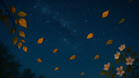 Golden autumn leaves drifting across a star-filled night sky with flowering branches in the corners, blending earthly growth with a cosmic backdrop, created for the poem "Plow".