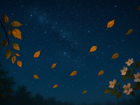 Golden autumn leaves drifting across a star-filled night sky with flowering branches in the corners, blending earthly growth with a cosmic backdrop, created for the poem "Plow".