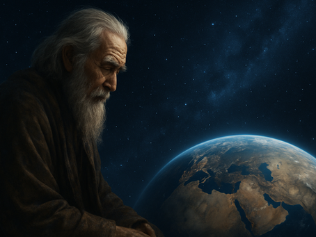 Elderly wise figure gazing over Earth from space, created for the novel "Old Soul".