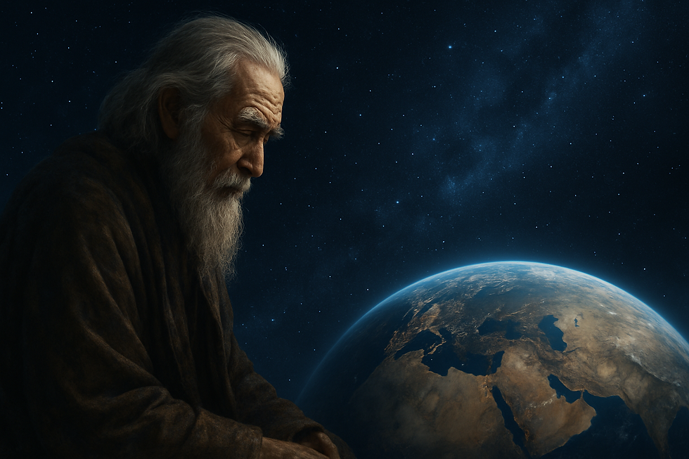 Elderly wise figure gazing over Earth from space, created for the novel "Old Soul".