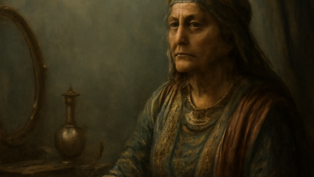 Classical-style portrait of an older woman seated by a mirror with shadowy figures behind her, symbolizing aging, fading beauty, desire, and memory in the poem “She of Babylon.”
