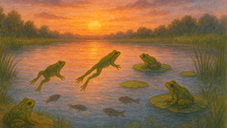 Illustration of frogs leaping and sitting on lily pads at sunset, with tadpoles and fish swimming beneath an orange sky reflected on a calm pond created for the poem “Night Dance.”