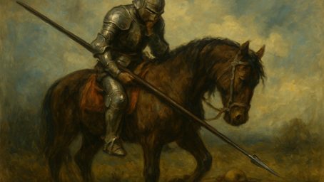 A weary armored knight on horseback lowering his lance toward the ground, head bowed, as if wounded by his own weapon, created for the poem "Truth Elusive".