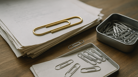 Image created for the poem “An Almost Ode to a Paper Clip", showing close-up papers stacked on a desk with a large gold paper clip on top and silver paper clips scattered in small trays.