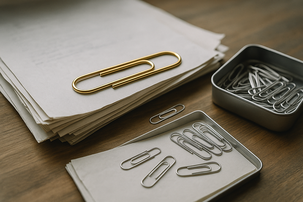 Image created for the poem “An Almost Ode to a Paper Clip", showing close-up papers stacked on a desk with a large gold paper clip on top and silver paper clips scattered in small trays.
