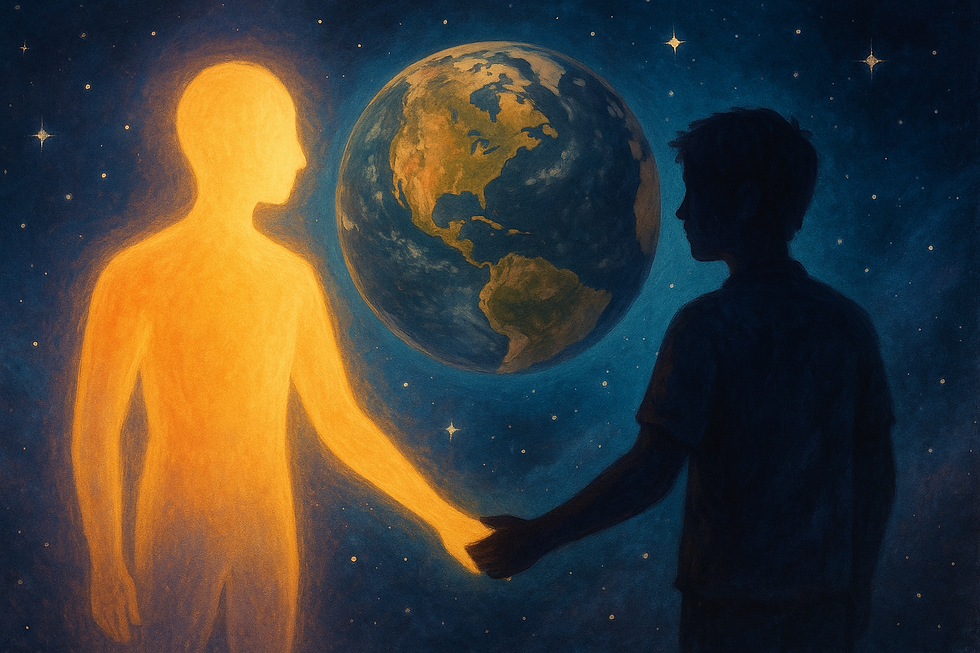 Golden spirit figure holding hands with a human silhouette against a starry sky and Earth, created for the AOS Perspectives Blog post "Soul and Humans".