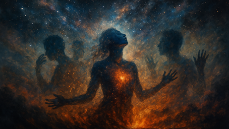 Abstract cosmic artwork of a human figure dissolving into stardust with multiple shadowed silhouettes, symbolizing expanded perception, identity, and the boundless nature of being in the poem “Who Are We?”