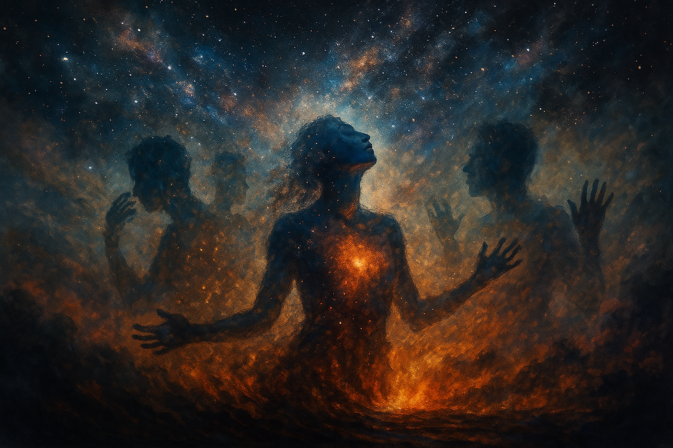 Abstract cosmic artwork of a human figure dissolving into stardust with multiple shadowed silhouettes, symbolizing expanded perception, identity, and the boundless nature of being in the poem “Who Are We?”