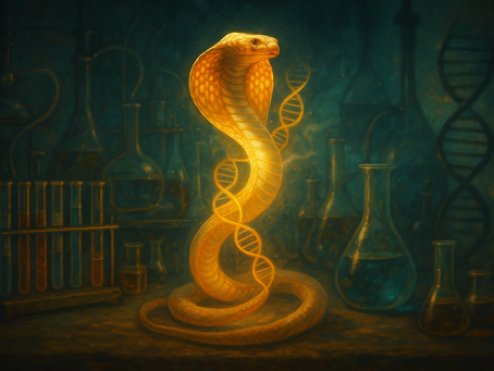 Golden cobra rising among laboratory glassware with glowing DNA spiraling around its body, created for the poem "Dance of the Cobra".