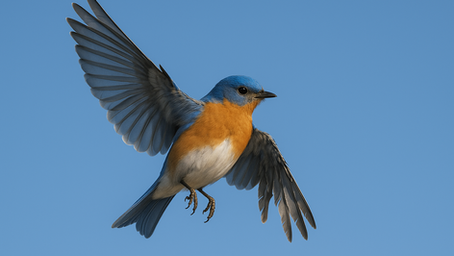 Photo of a bluebird in mid-flight with wings spread against a clear sky, symbolizing fragile freedom, broken attempts to escape, and the emotional themes of the poem “Broken Wing.”