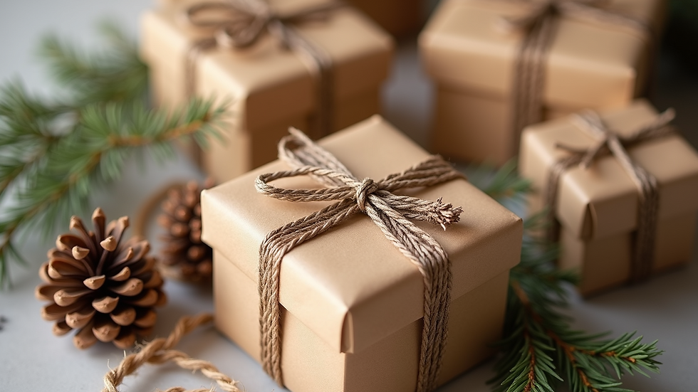 High angle view of a gift box with custom wrapping and natural decorations